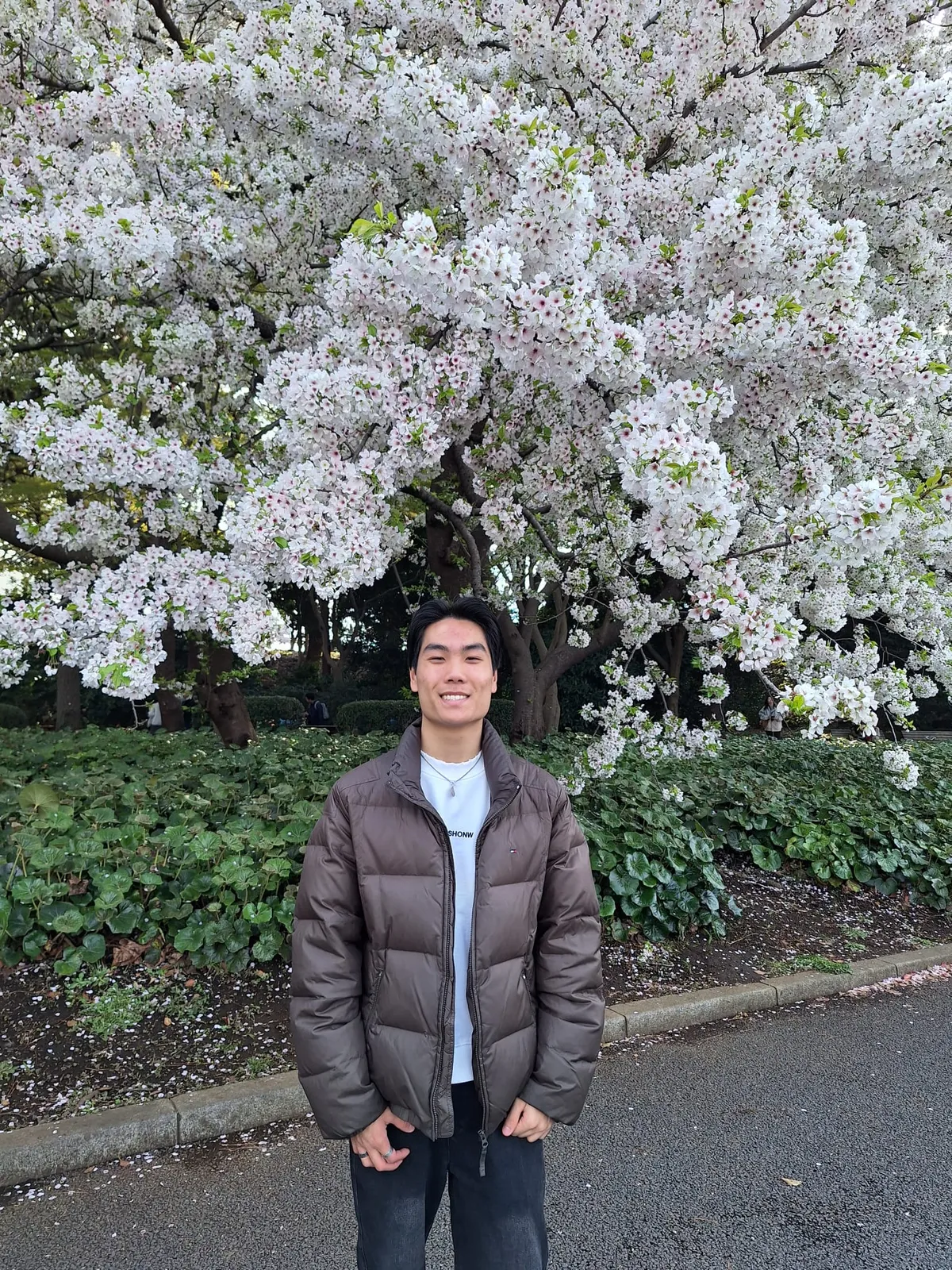 Portrait of Sam under a blossoming cherry tree